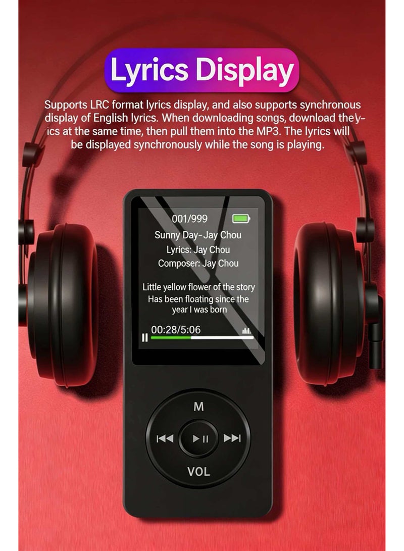 مشغل MP3 بلوتوث، سعة تخزين 128 جيجابايت، شاشة 1.8 بوصة، مكبر صوت مدمج، دعم راديو FM، تسجيل صوتي، متوافق مع الكتب الإلكترونية. مصمم للرياضة والجري، مشغل وسائط محمول (أسود) - Image 5